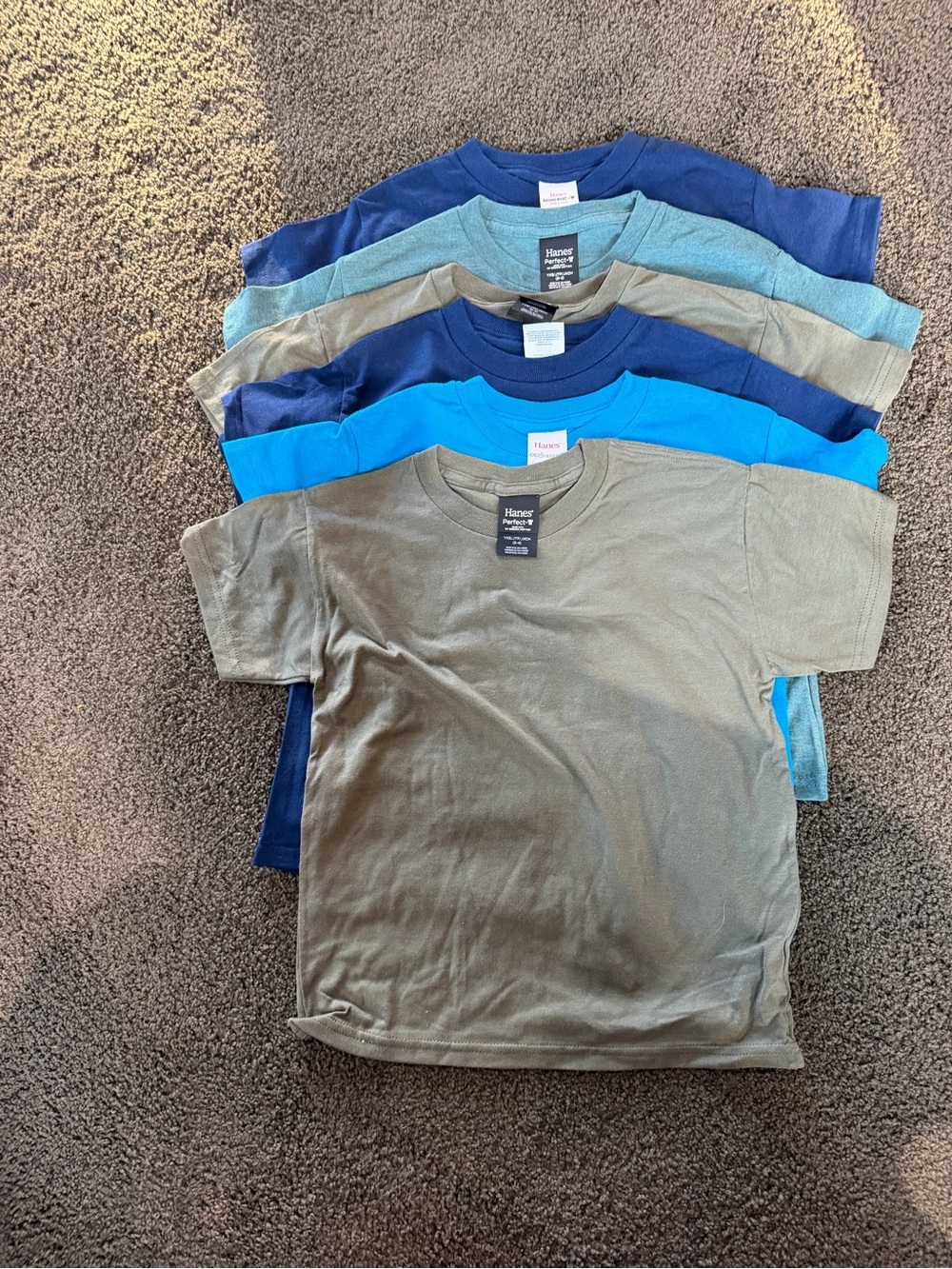 6 Hanes Kids Short Sleeve Crew Tee Pack in oliveand Blue Shades